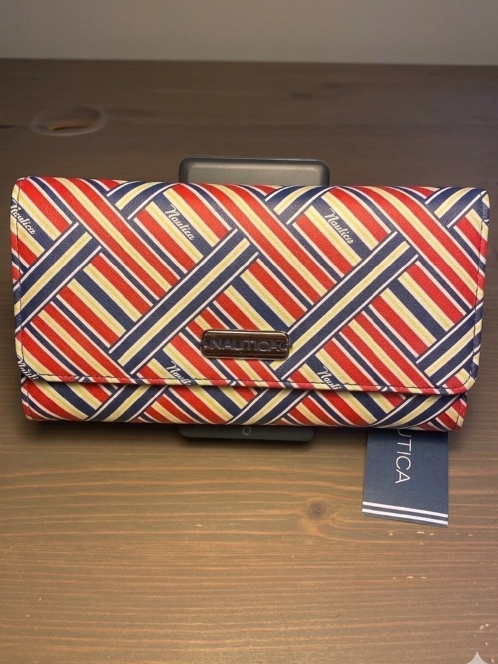Nautica RFID Double Snap Wallet Red Blue Geometric Faux Leather Organizer